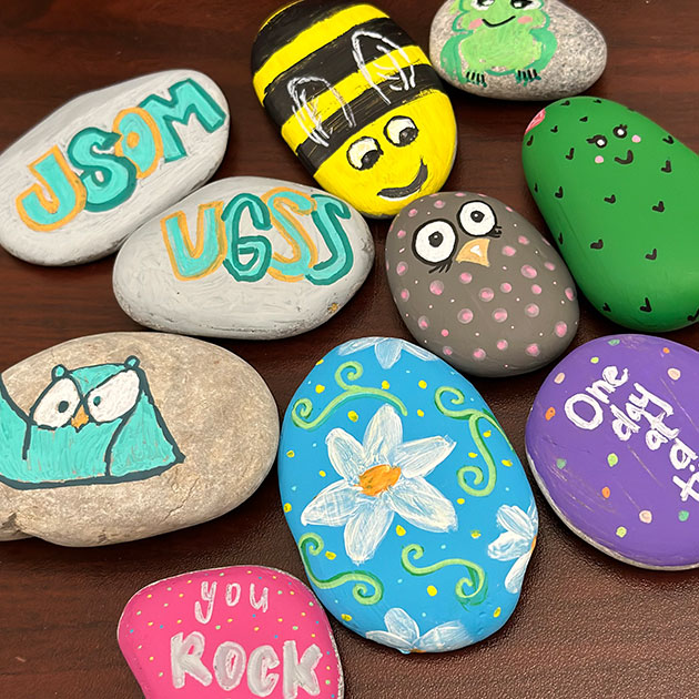 Rocks painted for Stress Less With JSOM 2024.
