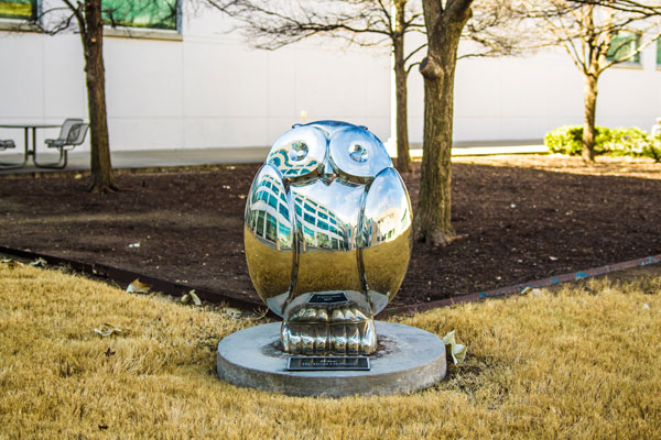 owl sculpture in the JSOM courtyard logo