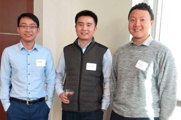 Alumni at the Finance Society meeting (from left): Hande Zhong, MS in Finance ’14 and MS in Business Analytics ’16; Ryan Ren, MS in Finance ’13, MS in Accounting ’14 and MBA ’17; and Monty Hsu, MS in Finance ‘15