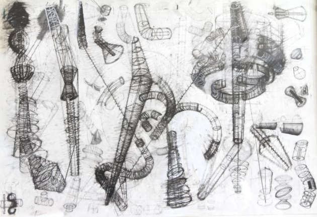 Pencil and charcoal on paper sketch called 'Study of Lies and Sound Memory' by Tracy Harris
