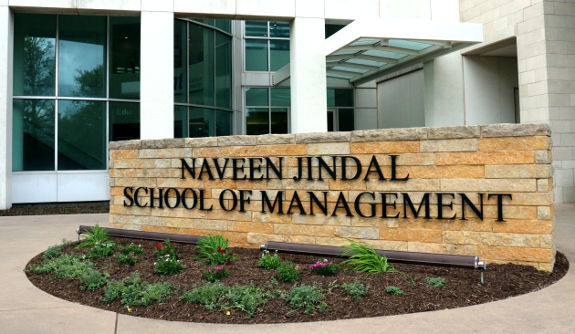 Sign in front of the Jindal School that reads NAVEEN JINDAL SHOOL OF MANAGEMENT
