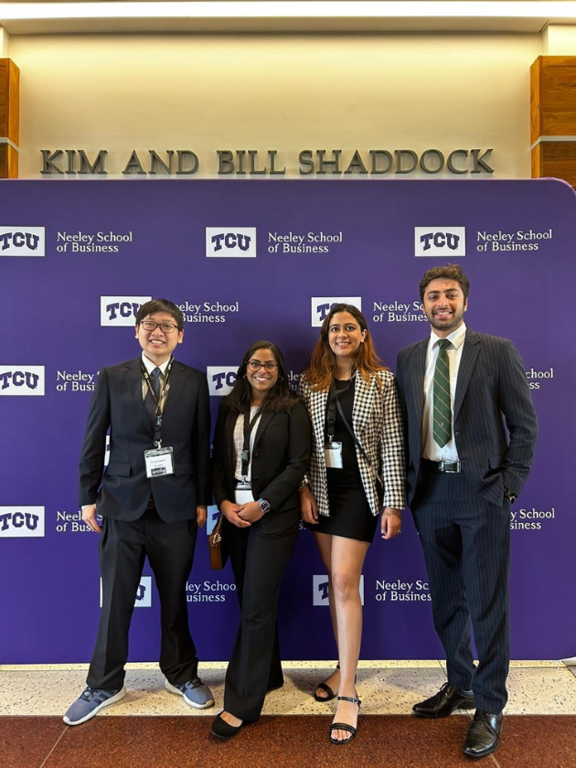 Jindal School students took first place in the 2023 (TCU) Graduate Supply Chain Case Competition. From left: Van Ngoc Nguyen, Bhanu Pulikonda, Mannat Batish, Sijo Varghese