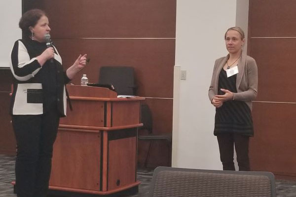 Maria Hasenhuttl, MBA’95, PhD’08, and Dorothée Honhon present at the Neurodiversity at Work event.