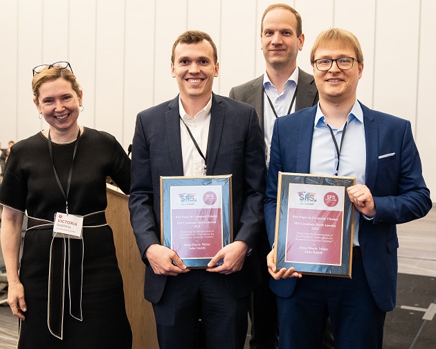 SFS Cavalcade North America 2023 Chair Victoria Ivashina (Harvard Business School)
Vice Chair Jules van Binsbergen (The Wharton School) present Jake Smith, PhD'23, and Jean-Marie Meier their plaques for Best Paper in Corporate Finance Award