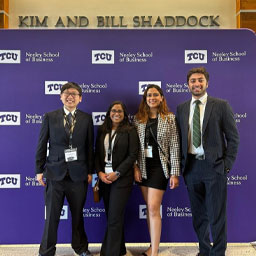 From left: JSOM students Van Ngoc Nguyen, Bhanu Pulikonda, Mannat Batish, Sijo Varghese took first place in the TCU Graduate Supply Chain Case Competition.