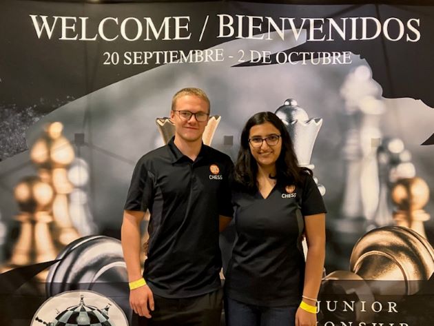 From left: Ivan Schitco and Tarini Goyal at the 2023 FIDE World Junior Chess Championship in Mexico City.