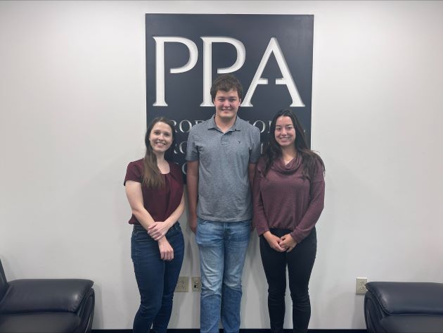 Jindal School Graduate students (from left) Abigail Muse, Dylan McKenzie and Laykyn Hughes received $3,000 scholarships from TXCPA.
