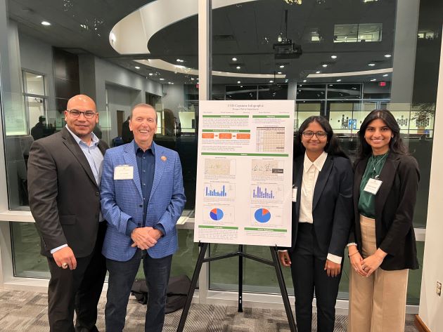 Photo of From left: Capstone Expo Judges Adam Camarena and Ray Hemmig posing with first place winner, Town of Prosper project team members, Srivani Ganapavarapu and Shriya Jejurkar (Team Lead)
