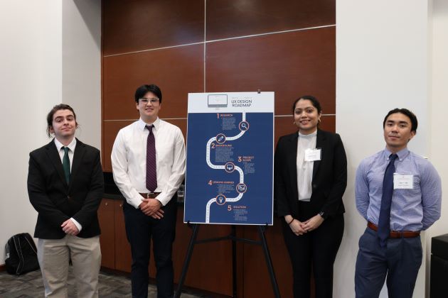 Photo of third place winner PriceSenz project team members (from left) Lucas Clary, Lucas Allen, Mansi Patel, Todd Hung (team lead)