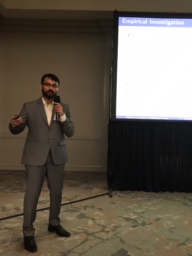 Photo of Siddharth Prusty presenting at the 18th Annual Frank M. Bass Frontiers of Research in Marketing Science (FORMS) Conference at the Naveen Jindal School of Management