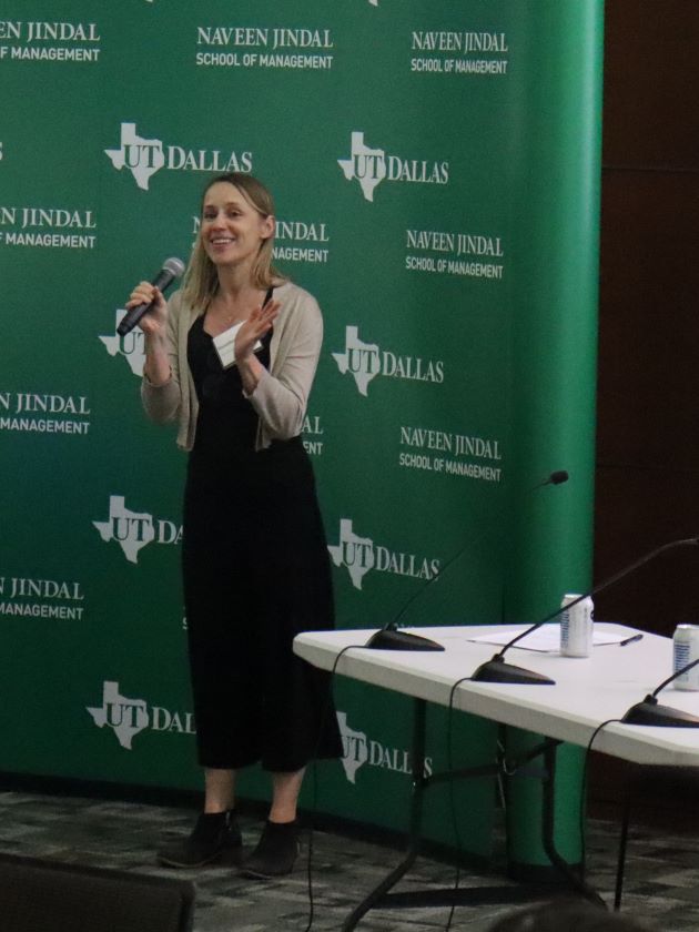 Photo of Dorothée Honhon speaking at "Neurodiversity at Work: The Employee Experience" held April 19, 2024 at the Naveen Jindal School of Management.