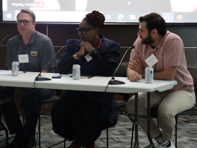 Photo of panel for "Neurodiversity at Work: The Employee Experience" held April 19, 2024 at the Naveen Jindal School of Management. From left: Connor Brady,  Nyamusi Lee, Geoff Barker