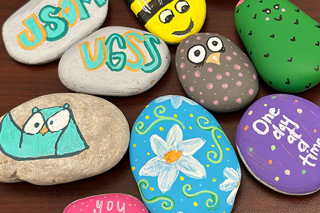 Rocks painted for Stress Less With JSOM 2024.